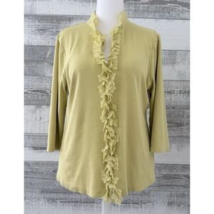 Soft Surroundings Shirt Women's 1X Yellow Ruffle Front 3/4 Sleeve Ribbed Button
